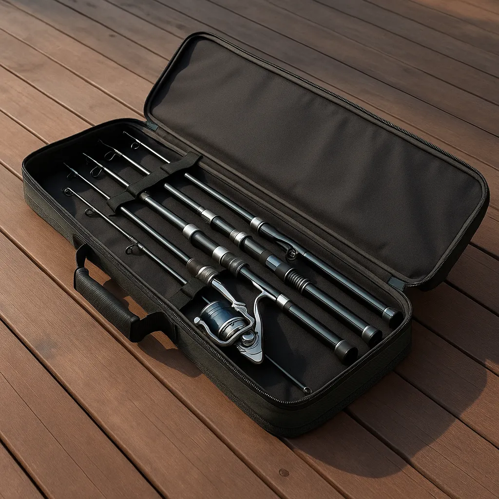 낚시가방에 정리된 다단 원투 낚시대 구성품