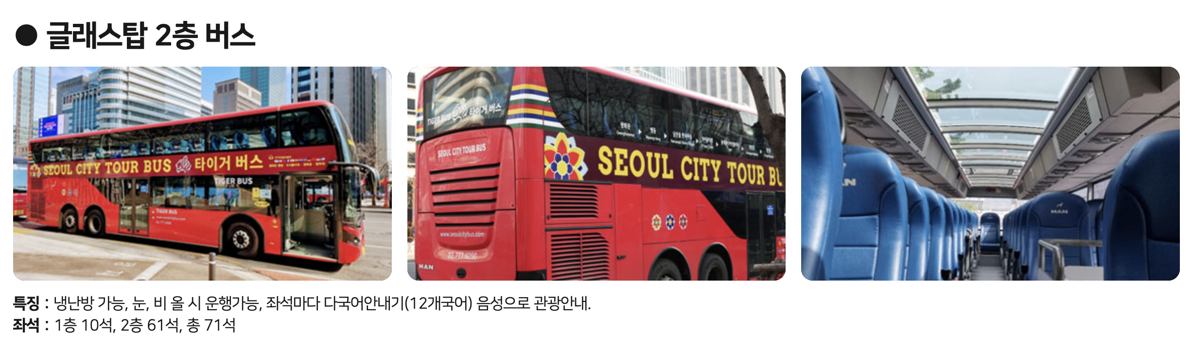 서울시티투어 타이거버스 글래스탑 2층 버스