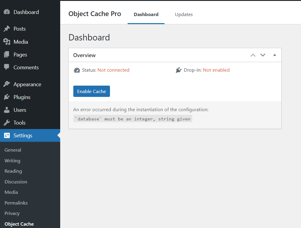 클라우드웨이즈: Object Cache Pro 연결 문제 (Not connected)