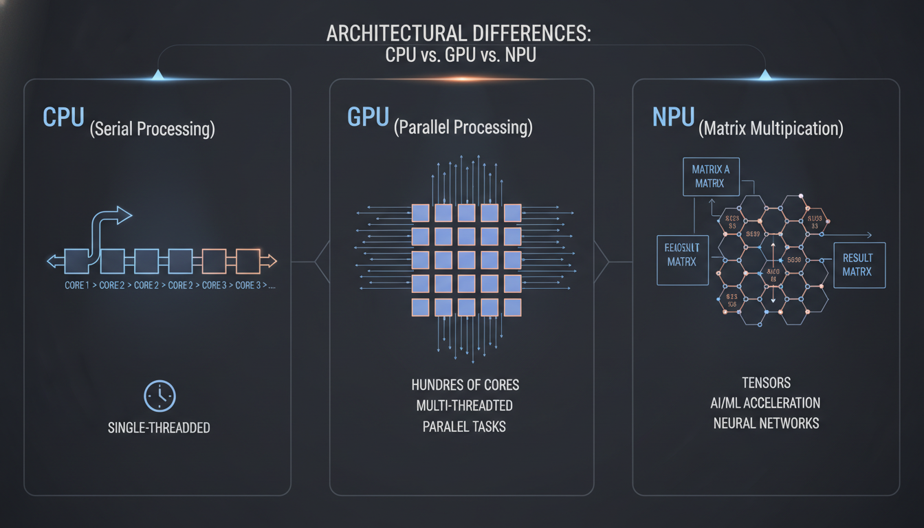 CPU, GPU, NPU의 구조적 차이와 데이터 처리 방식을 비교한 인포그래픽
