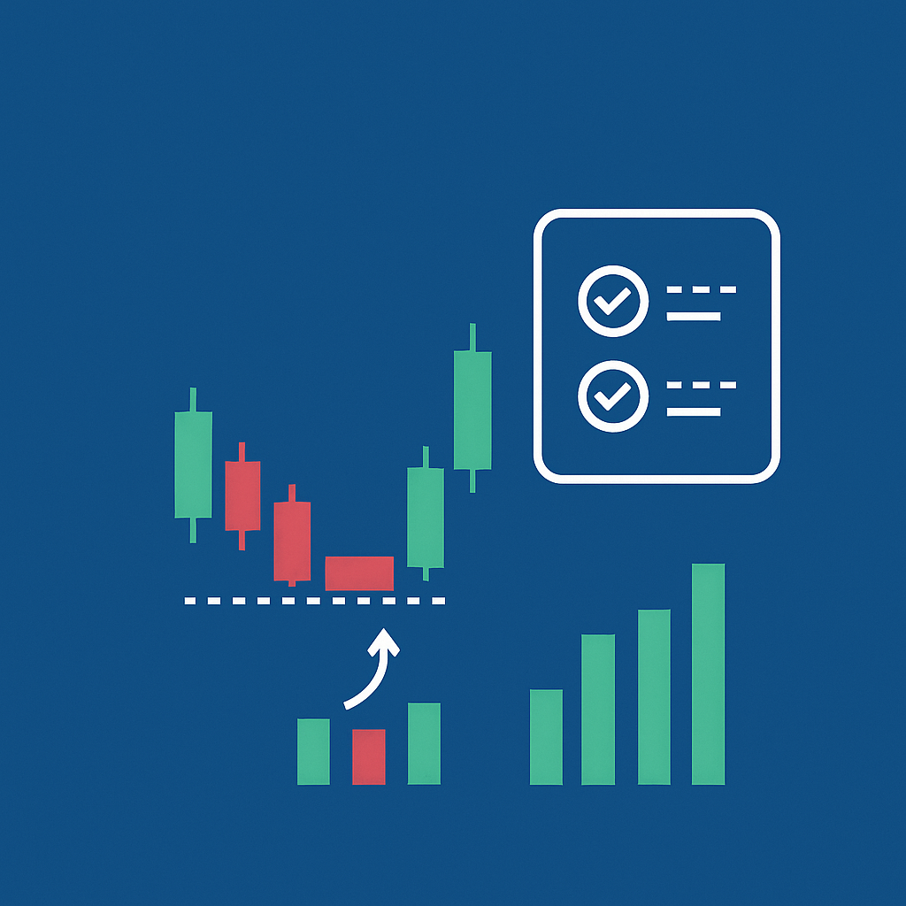 주식 진입 시점을 시각적으로 표현한 이미지. 파란 배경 위에 캔들 차트와 거래량 그래프가 배치되어 있으며, 박스권 돌파 구간에 상승 화살표가 표시되어 있다. 오른쪽에는 체크리스트 아이콘이 있어 진입 조건을 암시한다.
