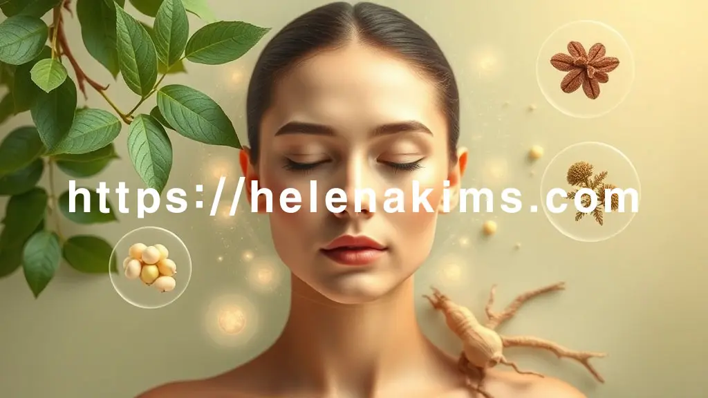 잔잔하게 빛나는 건강한 피부를 중앙에 있고, 그 주위를 어성초 잎, 작두콩, 둥굴레 뿌리가 놓여 있는 모습.