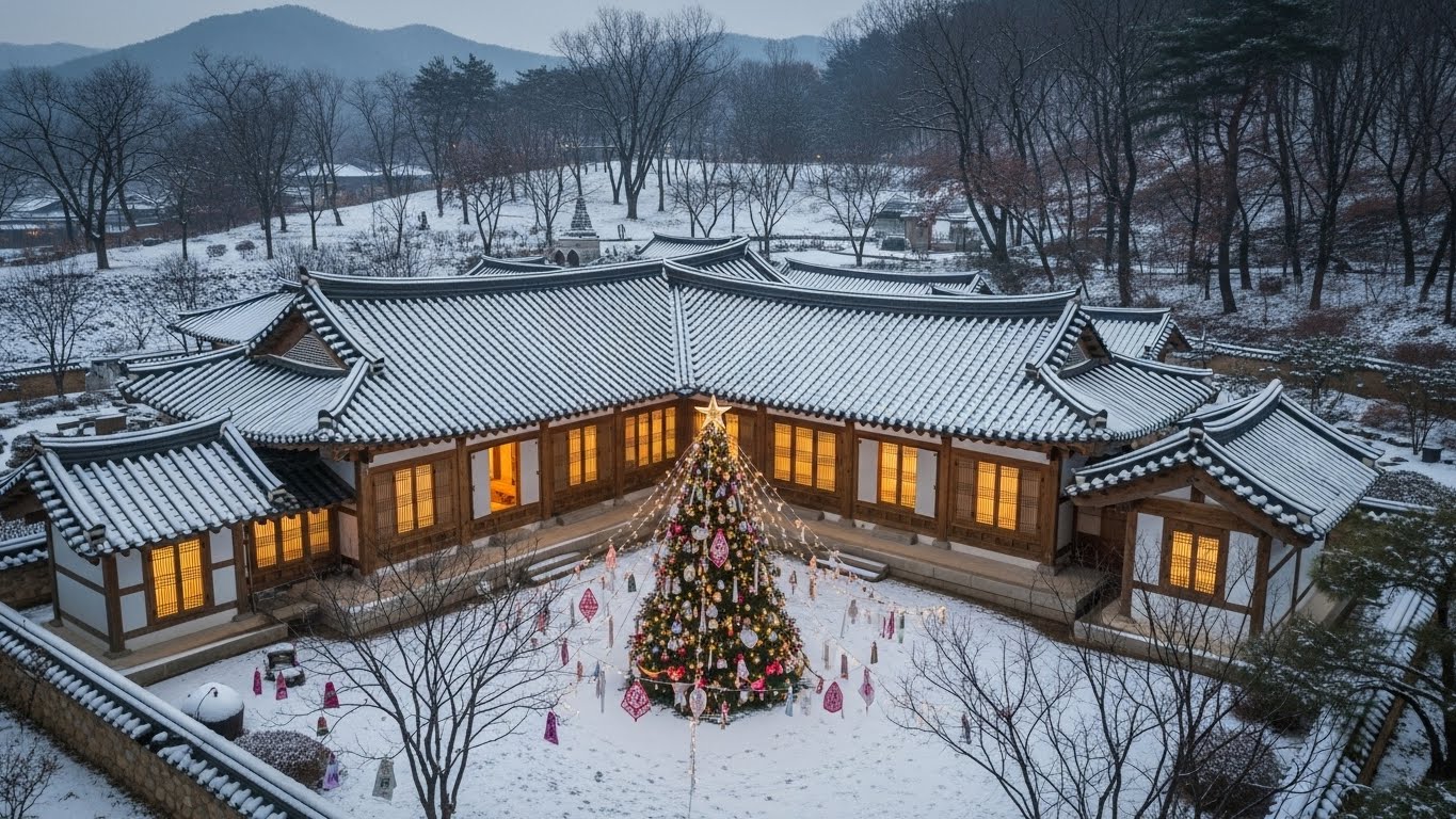 눈오는 사찰 사진