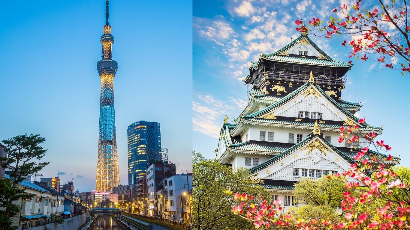 간토 지방의 대표 도시 도쿄와 간사이 지방의 오사카를 보여주는 사진