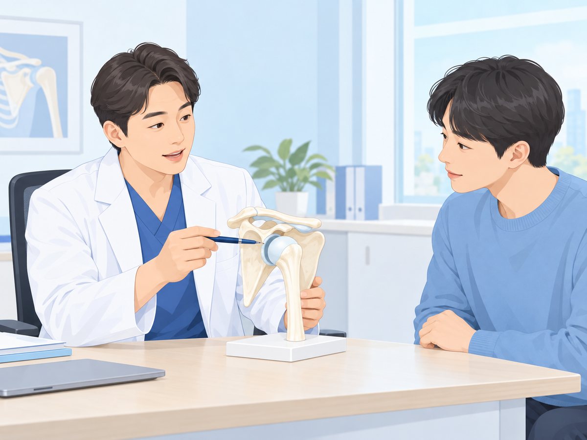 의사가 어깨 관절 뼈 모형의 소켓 가장자리를 가리키며 설명하는 장면