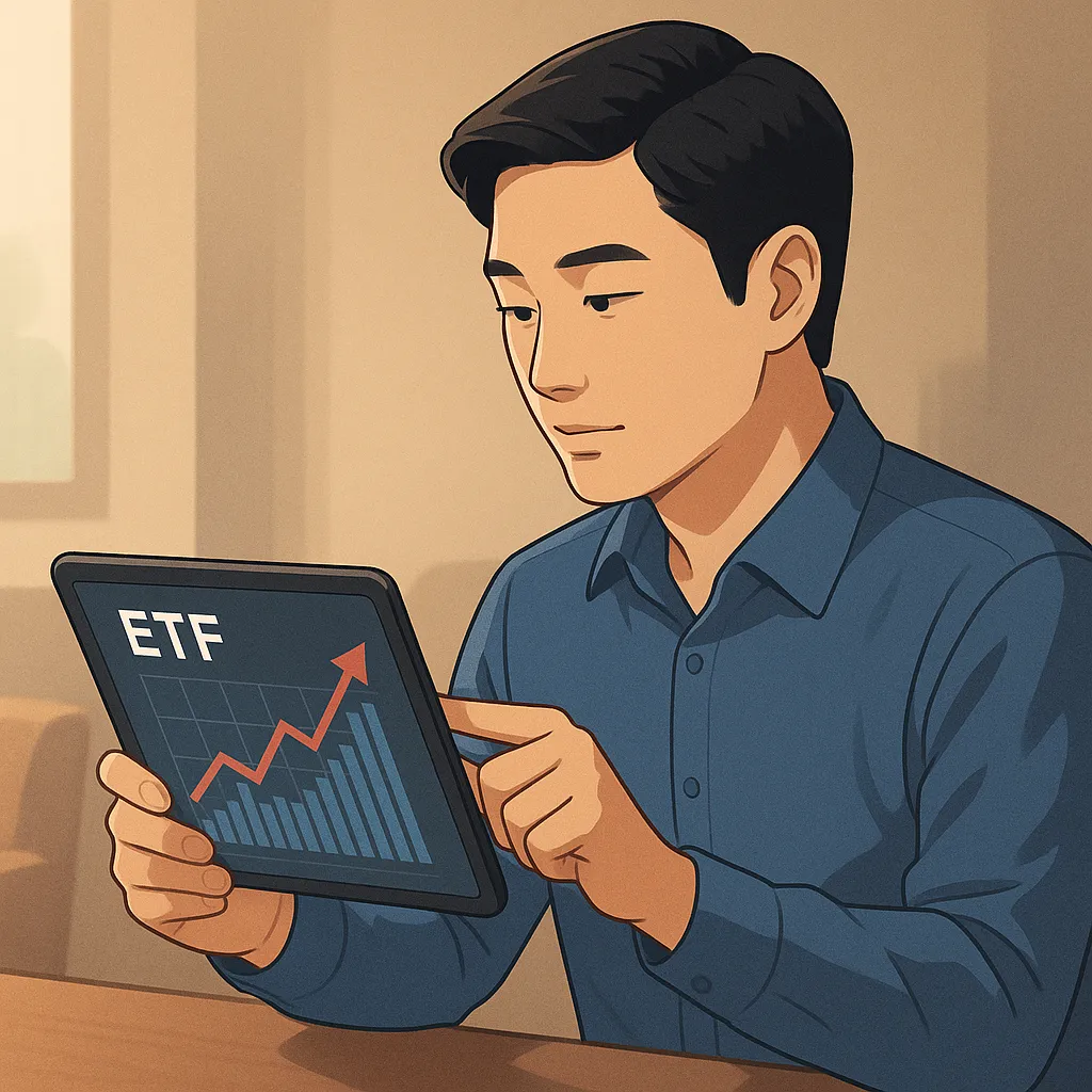 태블릿으로 ETF 상승 그래프를 확인하는 모습