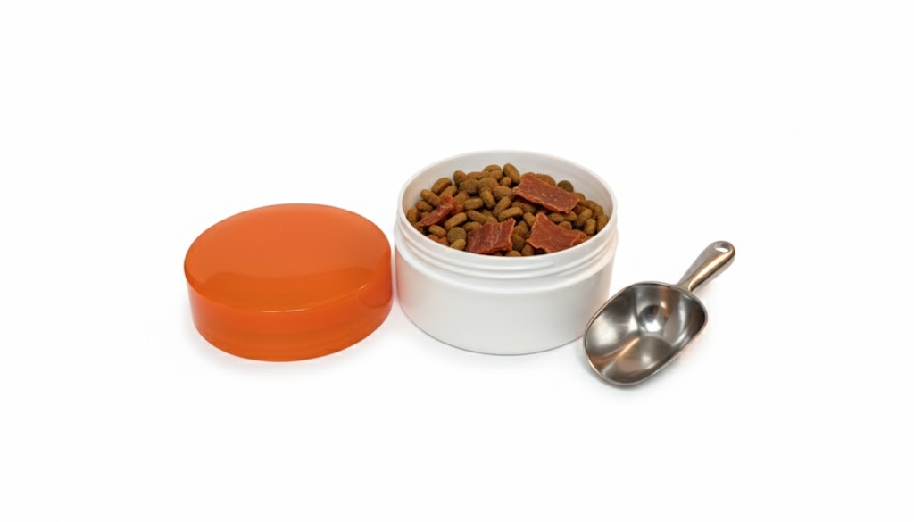 원형 사출 용기 안에 펫 간식이 담겨 있고, 그 옆에 작은 스쿱이 놓여 있습니다. 용기가 펫 간식 소분 및 보관에 편리하게 사용될 수 있음을 보여줍니다