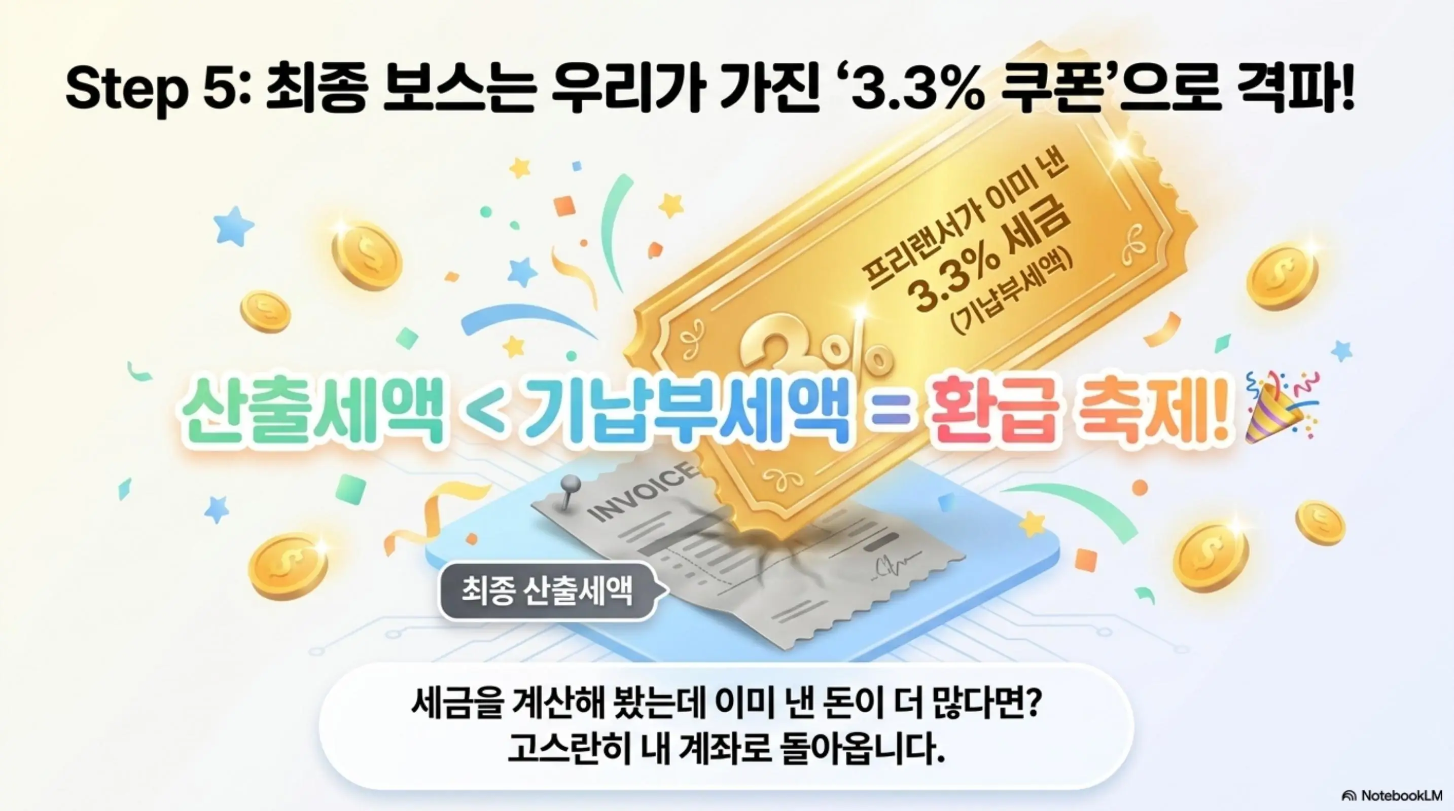 종합소득세 계산: &amp;#39;Step 5: 최종 보스는 우리가 가진 3.3% 쿠폰으로 격파!&amp;#39;라는 문구와 산출세액이 기납부세액보다 적으면 환급이라는 공식이 포함된 웹배너 이미지. 이 이미지는 종합소득세 환급 계산에서 3.3% 원천징수액이 핵심이라는 내용을 시각적으로 전달하며&amp;#44; 블로그의 기납부세액 차감 단계와 관련된 내용을 설명함