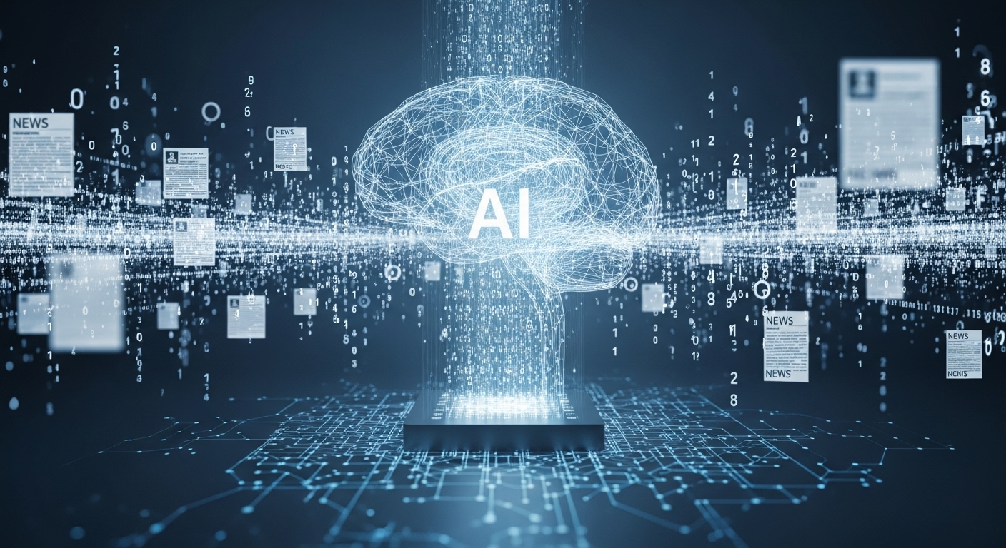 방대한 뉴스 기사와 소셜 미디어 피드를 분석하는 AI의 모습. 디지털 뇌 또는 복잡한 신경망이 텍스트와 숫자 데이터 흐름에 둘러싸여 있는 개념적인 이미지입니다.