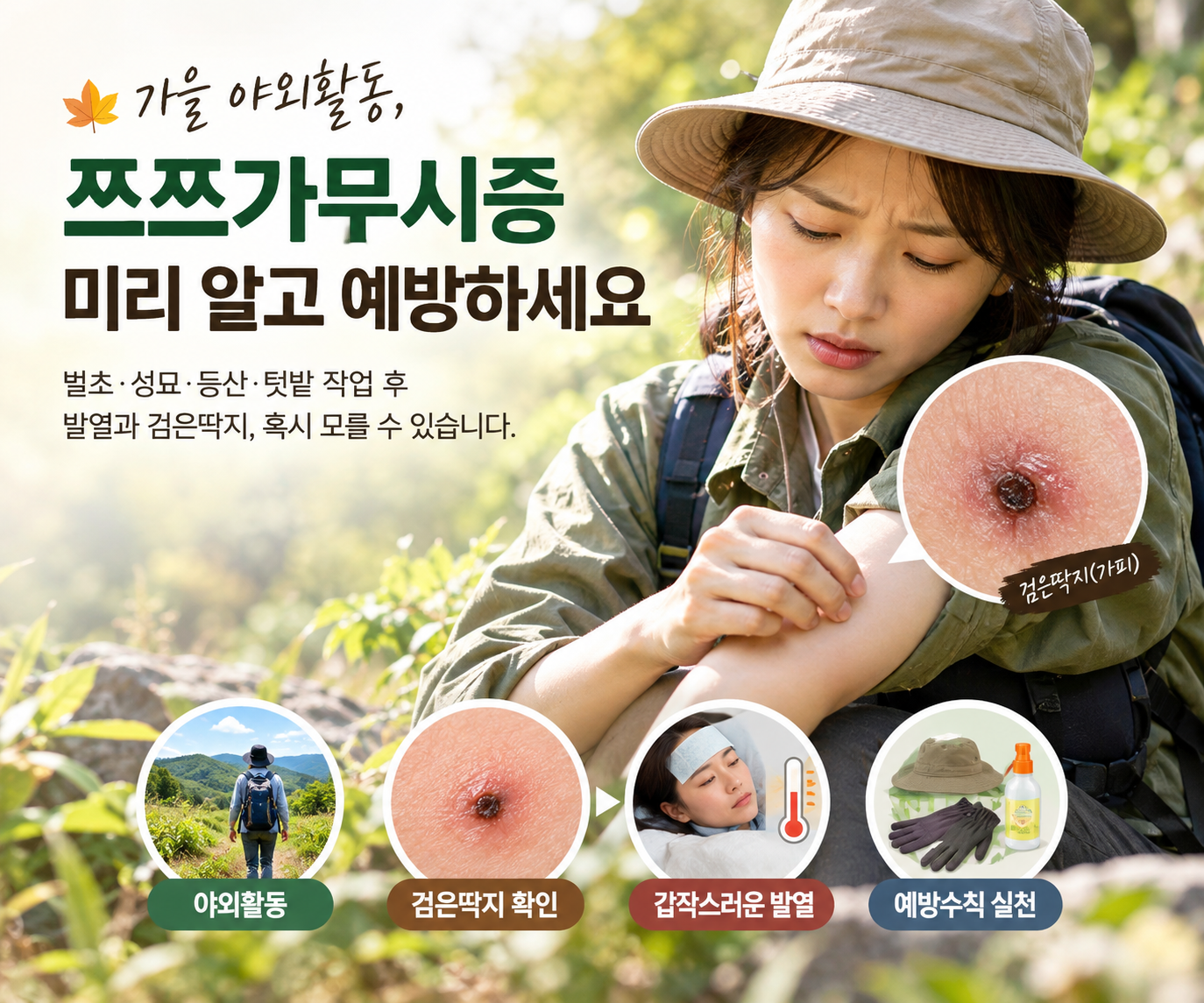 가을 야외활동 후 쯔쯔가무시증을 예방하기 위해 진드기 물린 자국과 검은딱지 가피, 발열 증상을 확인하는 모습