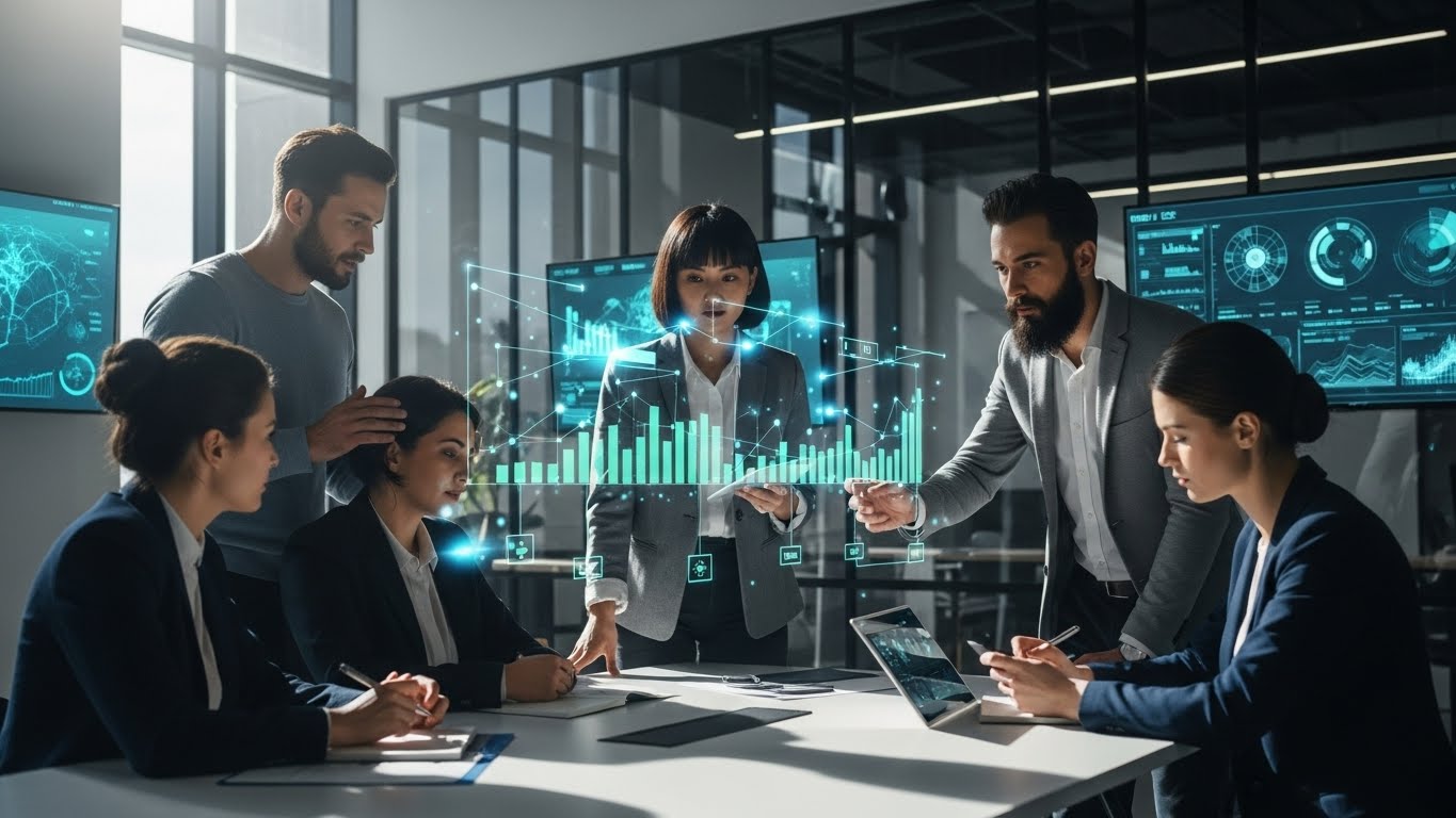 첨단 기술 공간에서 AI 기반 프로젝트 데이터를 분석하며 협업하는 한국 전문가 팀의 모습