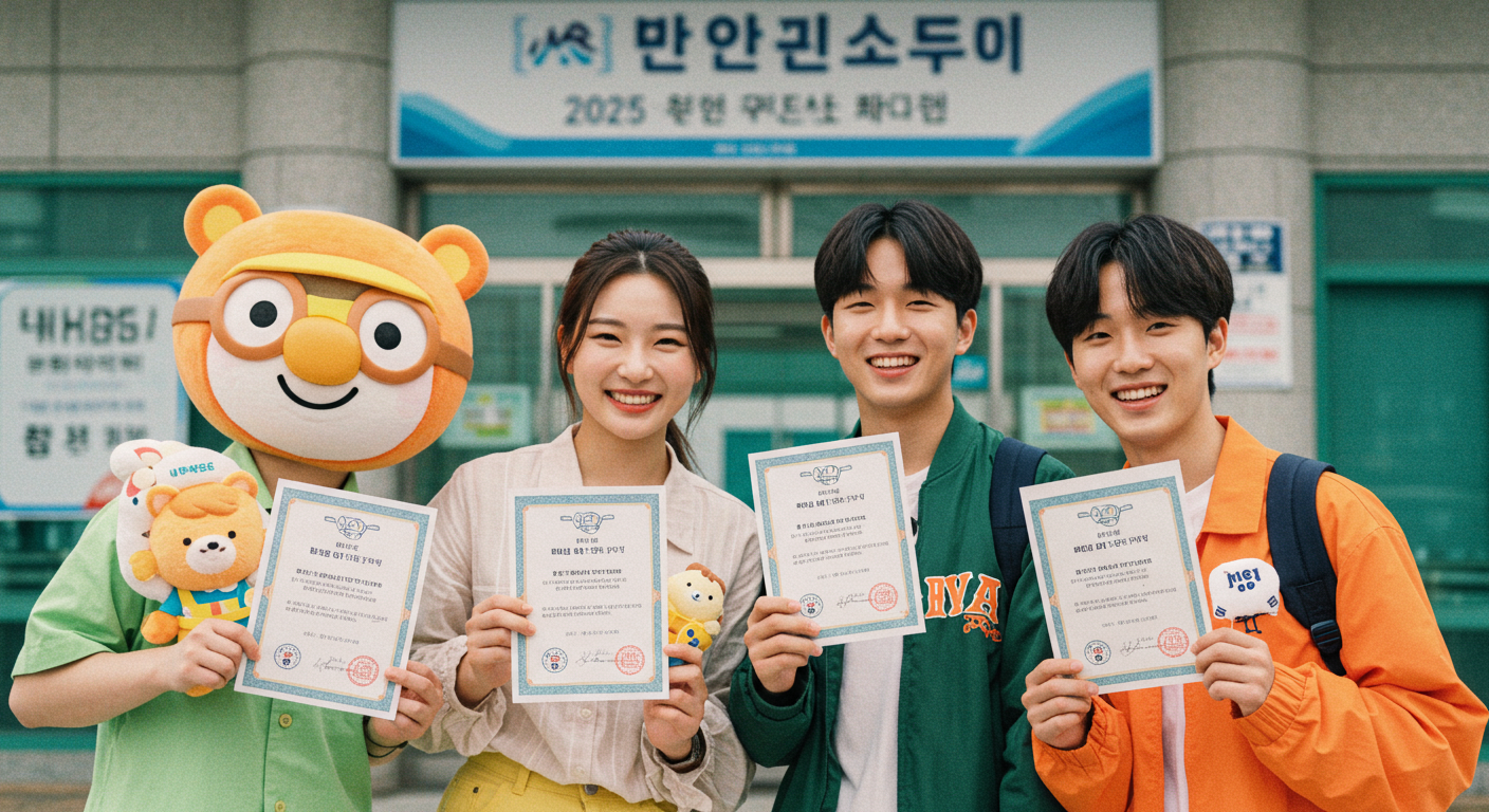 2025년 대선 투표 인증샷을 찍는 MZ세대 친구들, 각기 다른 투표 인증 용지를 들고 활기찬 모습.