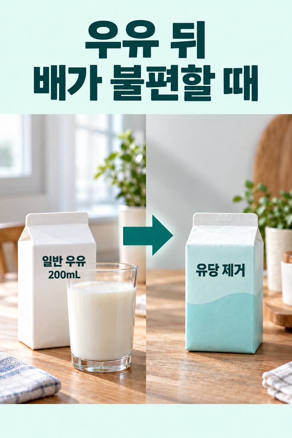 우유 실사 인포그래픽. 불편이 더해질 때: 일반 우유 200mL; 교체 예: 유당을 줄인 제품