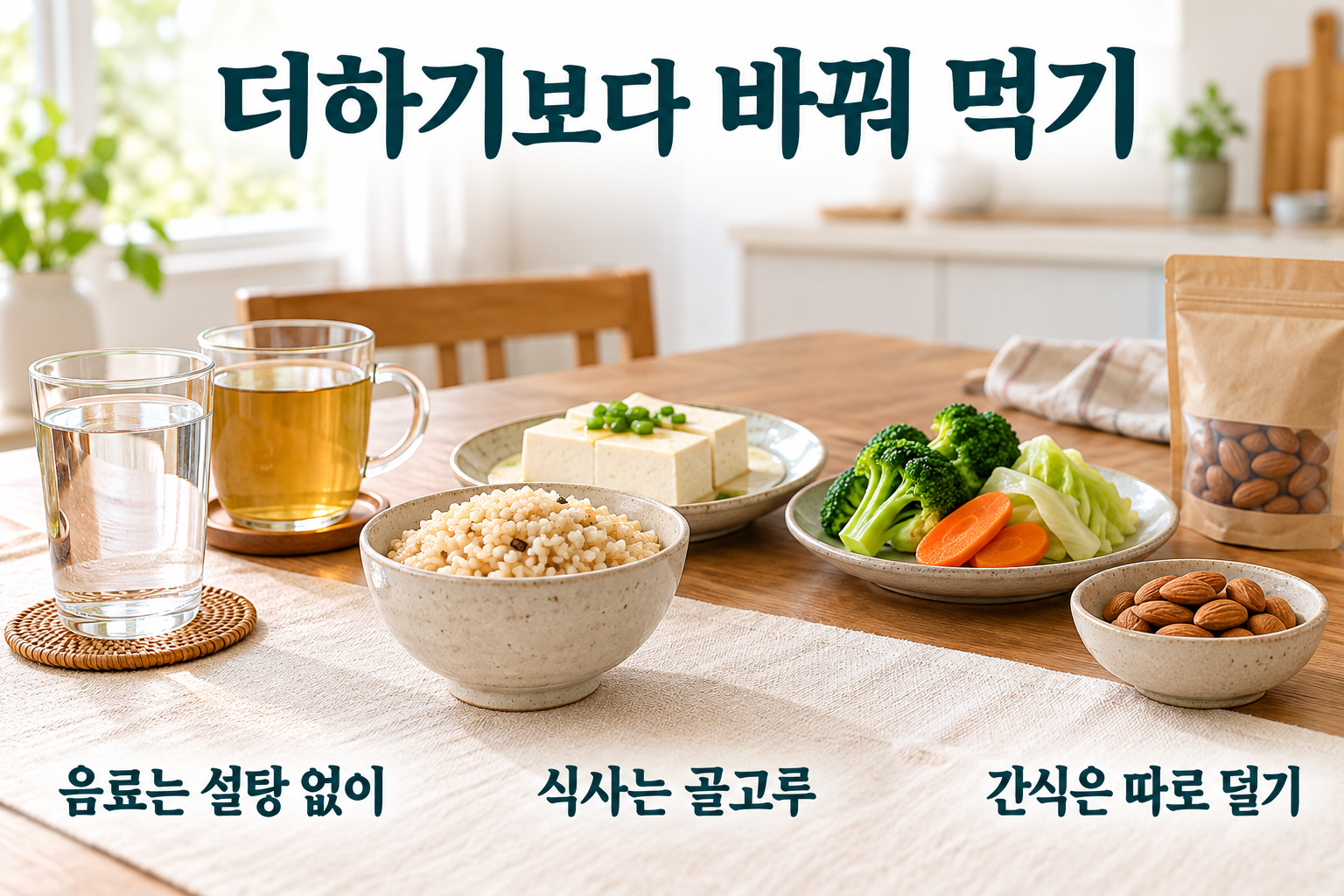 물&middot;주식&middot;단백질반찬&middot;덜어 놓은 간식으로 식사 교체 기준을 묶은 장면