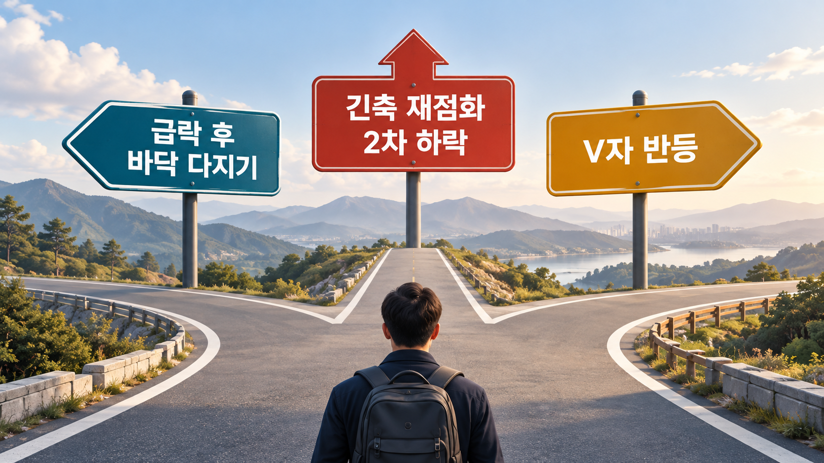 코스피 급락 이후 급락 후 바닥 다지기, 긴축 재점화와 2차 하락, V자 반등의 세 가지 경로를 나타낸 갈림길 이미지