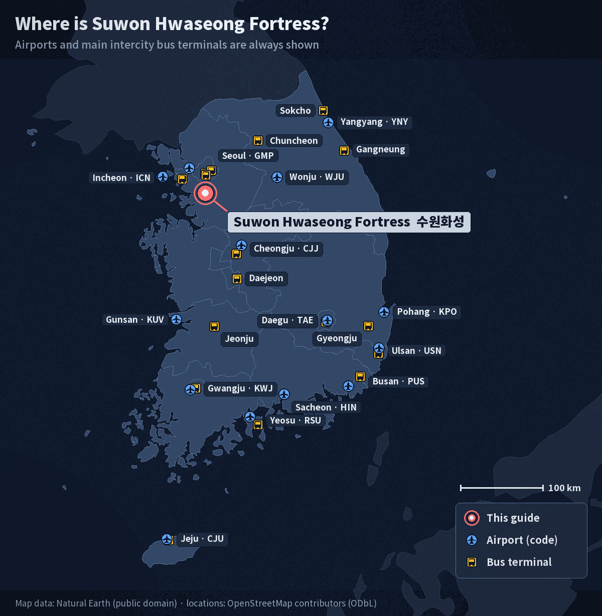 Map of South Korea with Suwon Hwaseong Fortress marked, showing Korea's airports and main intercity bus terminals