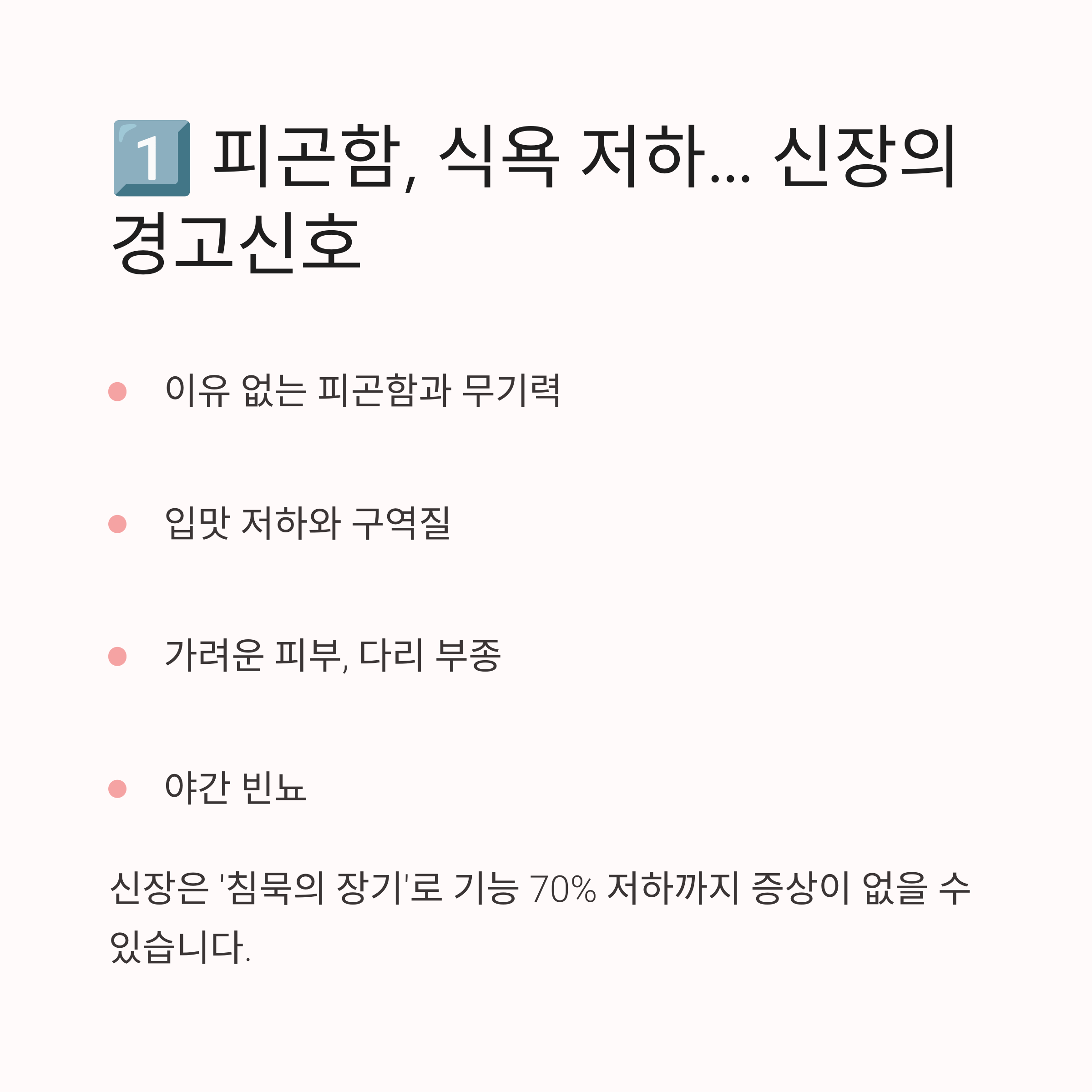 피로, 식욕 저하, 입맛 변화, 가려운 피부, 야간 빈뇨 등 신장 이상 증상을 리스트로 정리한 인포그래픽 이미지