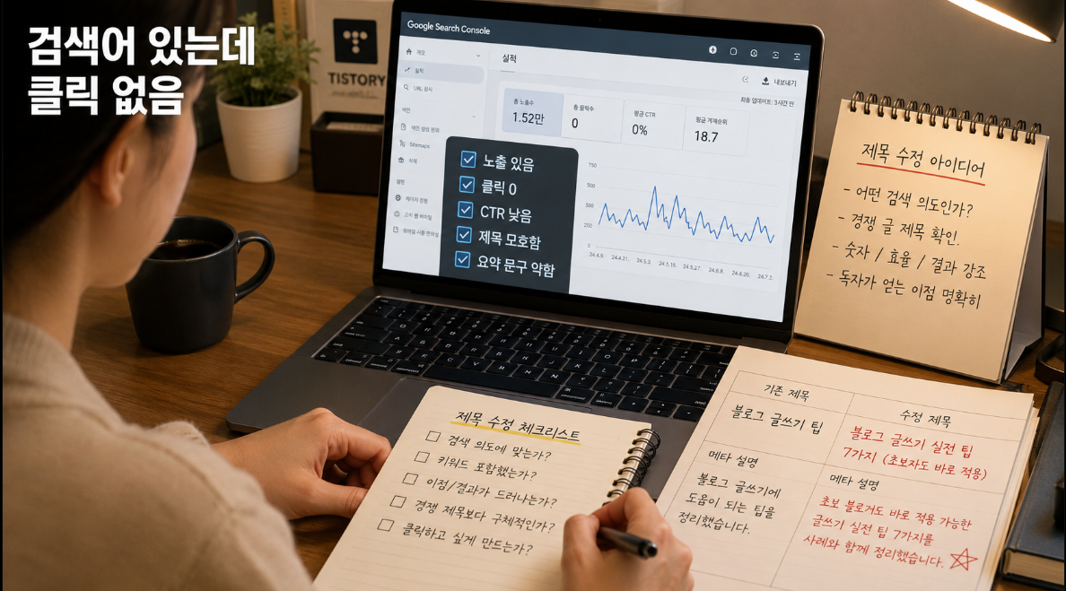 구글 서치 콘솔에서 노출은 있지만 클릭이 없는 글의 제목과 요약 문구를 점검하는 상황 이미지