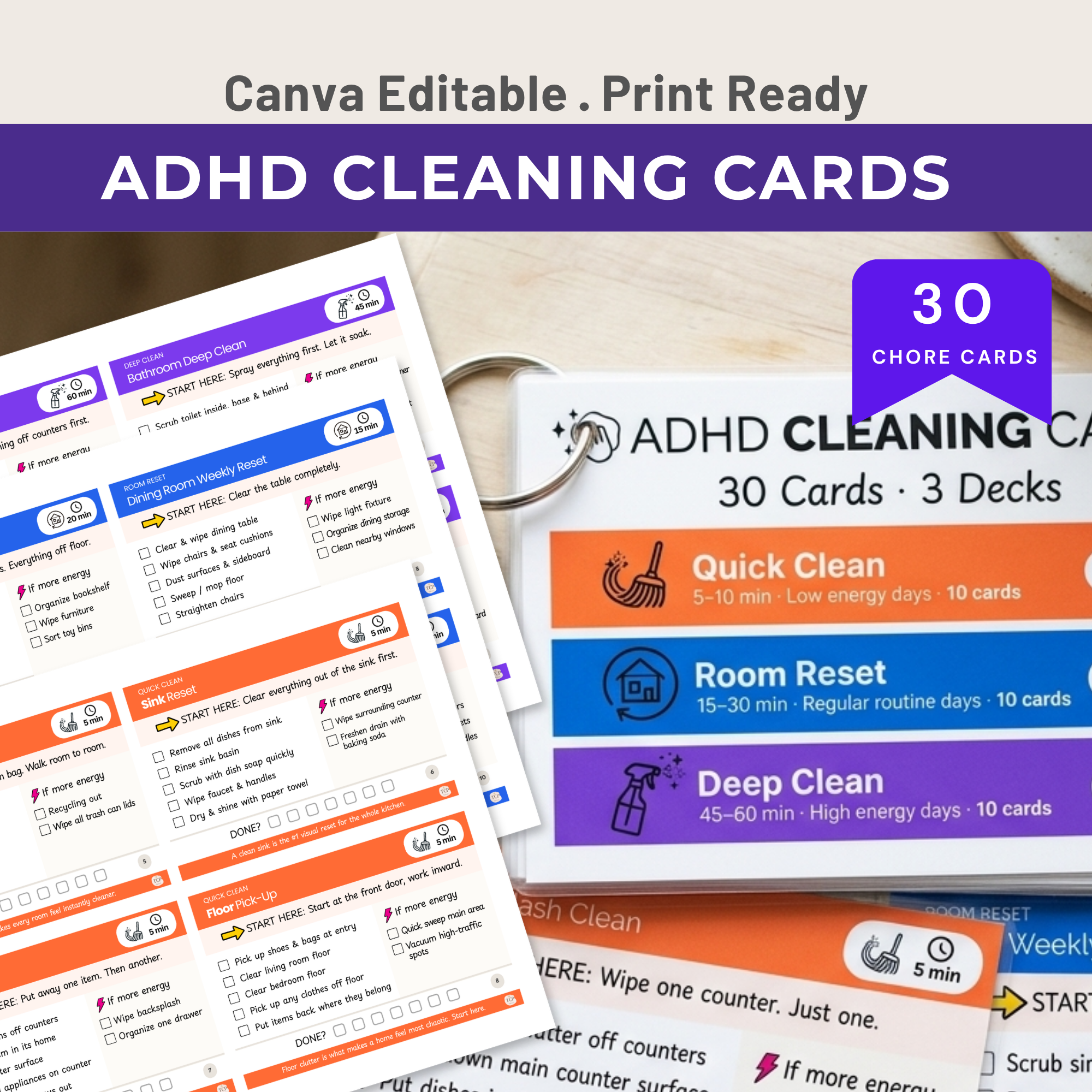 ADHD cleaning cards 3 decks Quick Clean Room Reset Deep Clean printable PDF