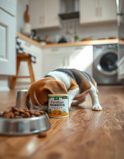 유산균에 관심을 보이는 강아지