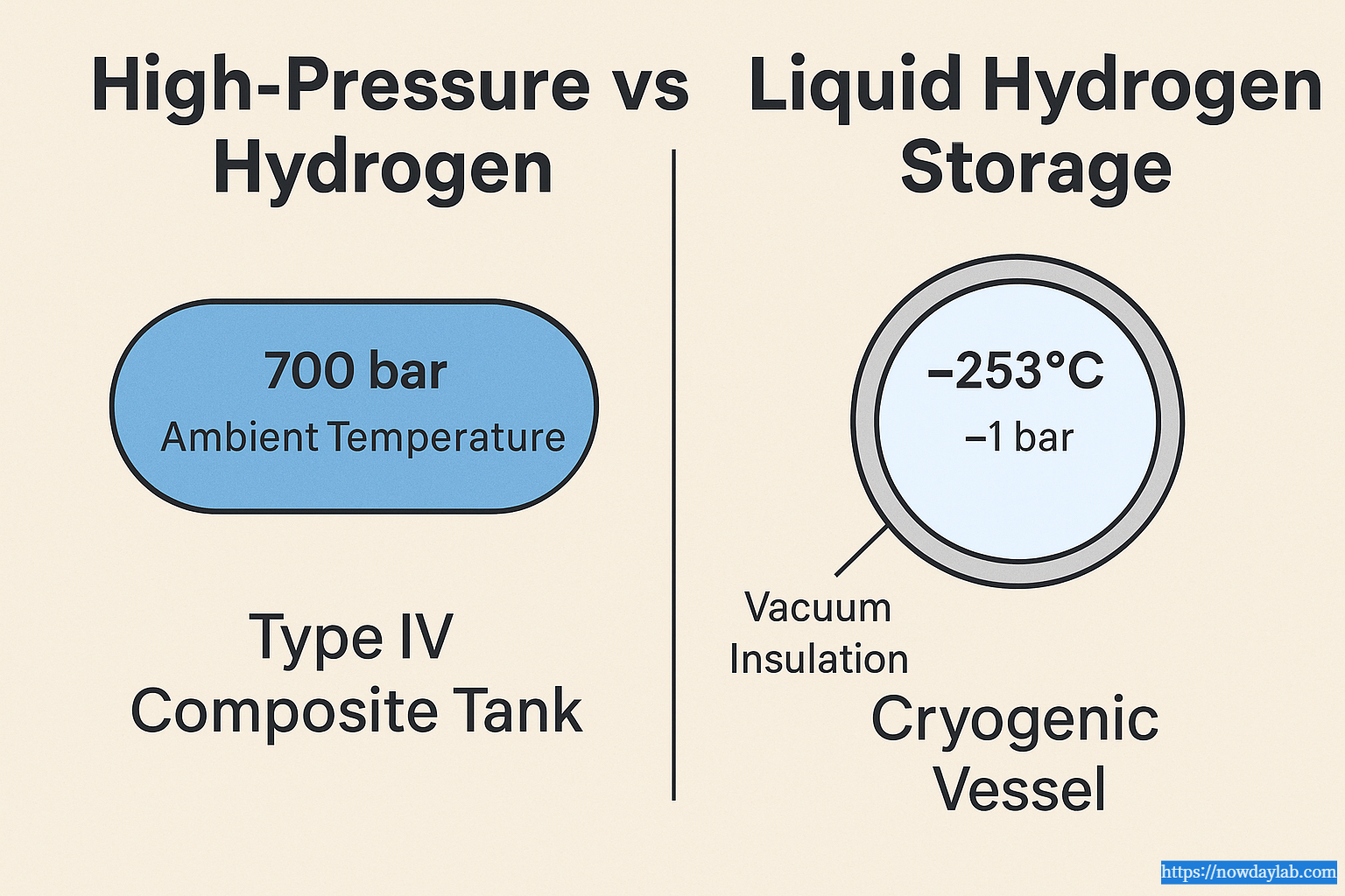 Comparison diagram of high-pressure hydrogen storage versus liquid hydrogen storage showing pressure, temperature, and vessel types