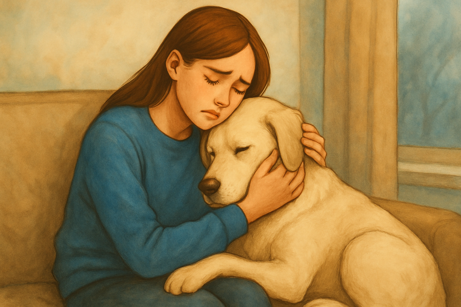 한 여성이 쇼파에 앉아 강아지를 끌어안고 슬픈 표정을 하고 있다.