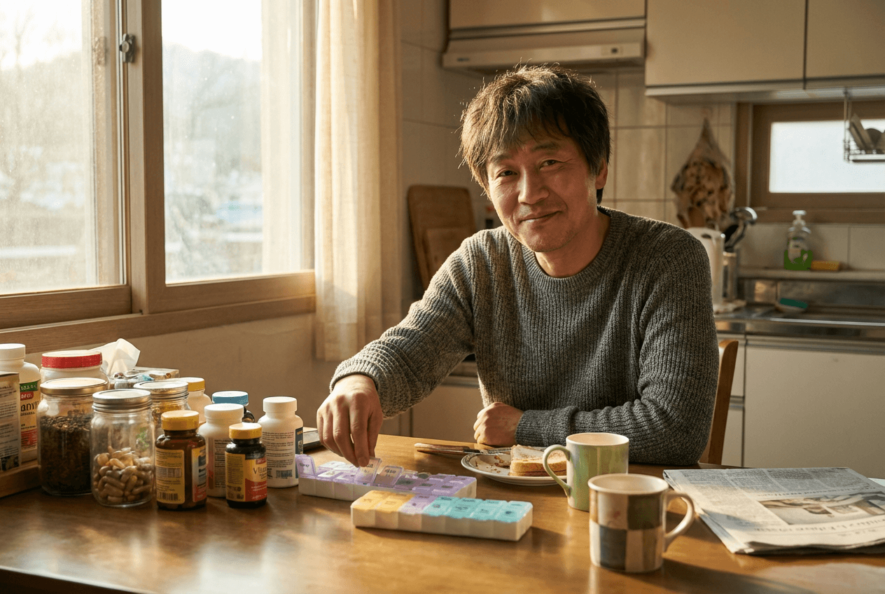 영양제 조합 금기를 체크하는 한국인 남성의 생활 모습