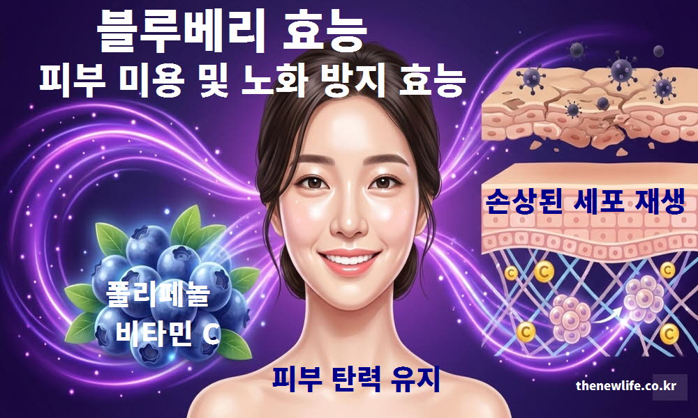 블루베리 효능이 피부 미용과 노화 방지에 기여하는 과정을 보여주는 이미지