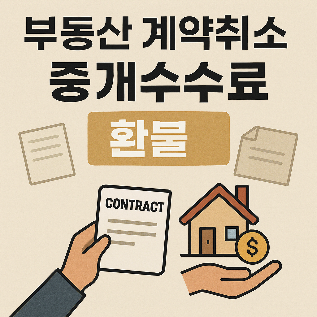 부동산 계약취소 중개수수료 환불 썸네일, 계약서와 집, 손바닥 위의 동전 아이콘이 포함된 이미지