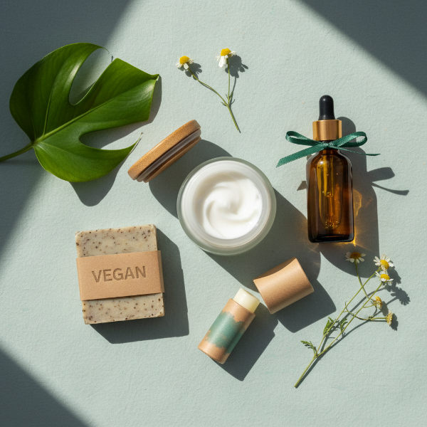 다양한 비건 화장품들이 틸-그레이 배경에 놓여 있는 모습. 유리병 세럼, 크림 용기, 립밤 등 친환경 패키징의 제품들이 자연광 아래 조화롭게 배치되어 지속 가능한 뷰티를 강조합니다.