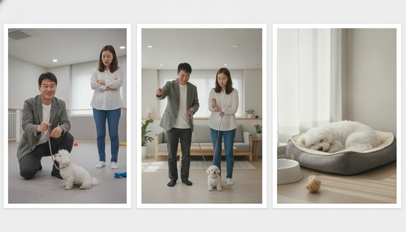 전문 훈련사가 강아지와 보호자에게 입질 교정 훈련법을 시범 보이고, 함께 연습하며, 훈련 후 강아지가 안정된 모습을 보이는 세 가지 상황이 담긴 이미지입니다.