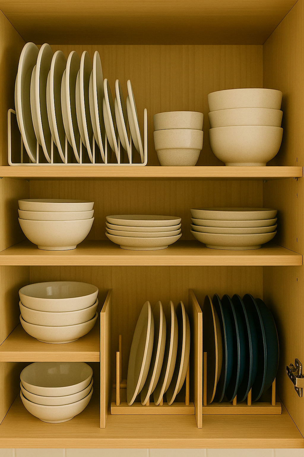 접시꽂이와 디바이더로 세워 정리된 주방 그릇