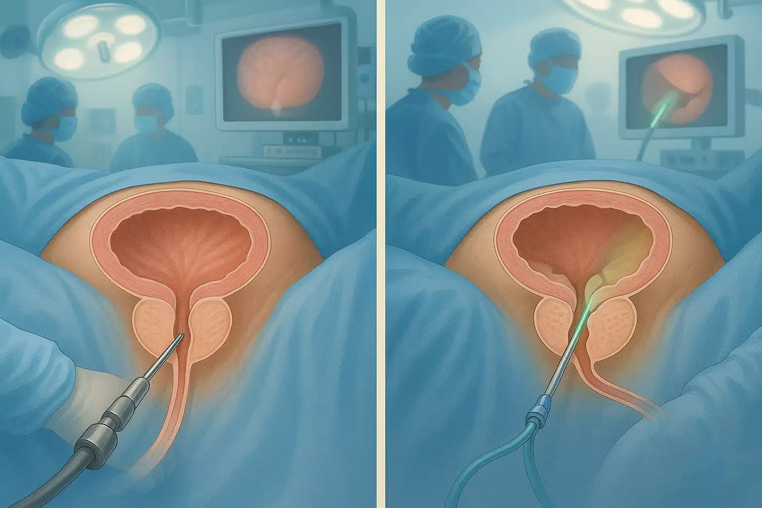 병원 수술실에서 경요도 전립선 절제술(TURP) 또는 레이저 수술(HoLEP) 장면을 묘사한 의료 일러스트