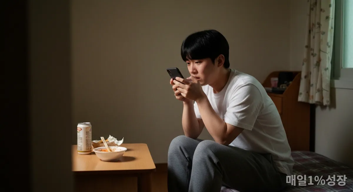 휴대폰을 보며 불안해하는 20대 한국인의 모습