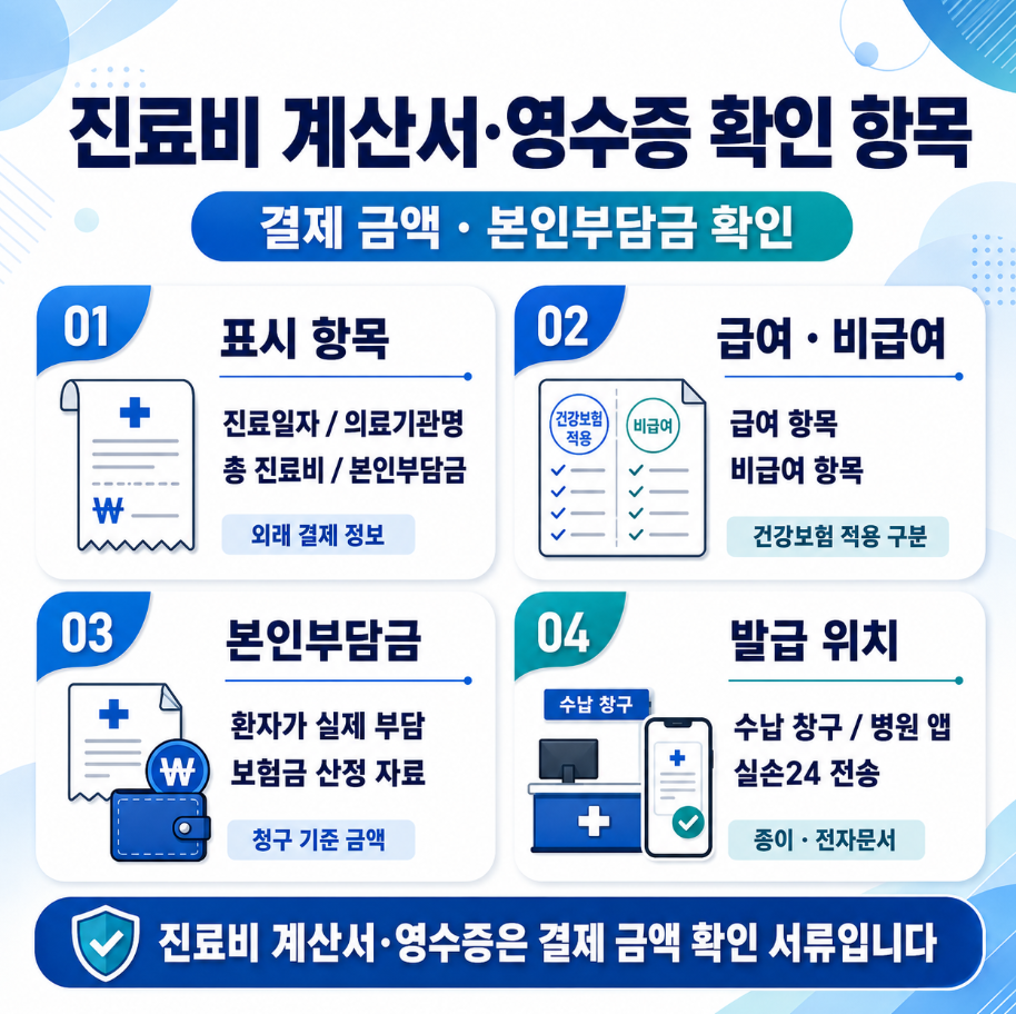 진료비 계산서&middot;영수증에서 결제 금액, 본인부담금, 급여&middot;비급여 금액, 발급 위치를 확인하는 기준 인포그래픽