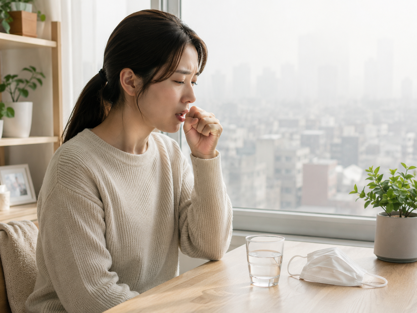 미세먼지와 건조한 환경으로 인해 기침이 오래가는 상황을 표현한 이미지