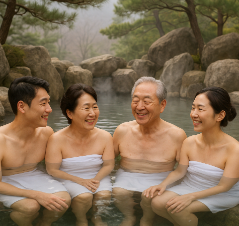 온가족이 온천여행을 하며 온천하는 모습