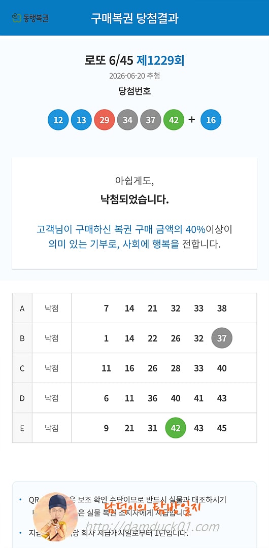 로또 6/45 제1229회 결과