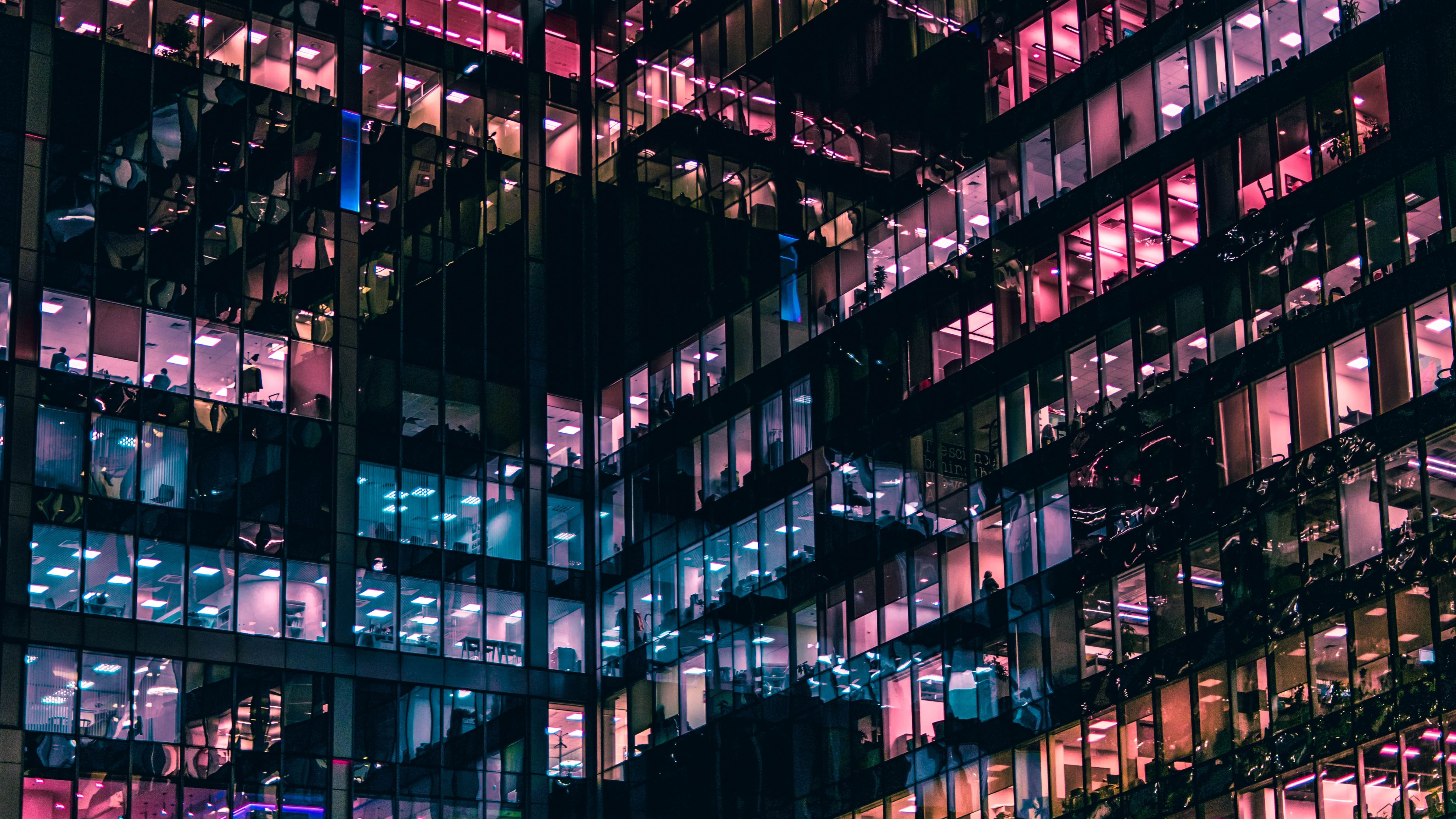 Many lit office windows