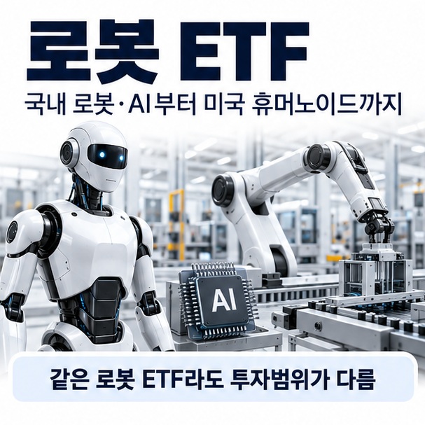 로봇 ETF라는 제목과 휴머노이드 로봇 산업용 로봇 AI칩 자동차 자동화 공장을 함께 표현한 대표 이미지
