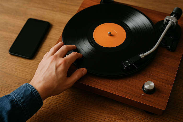 턴테이블로 음악을 감상하는 사람의 손