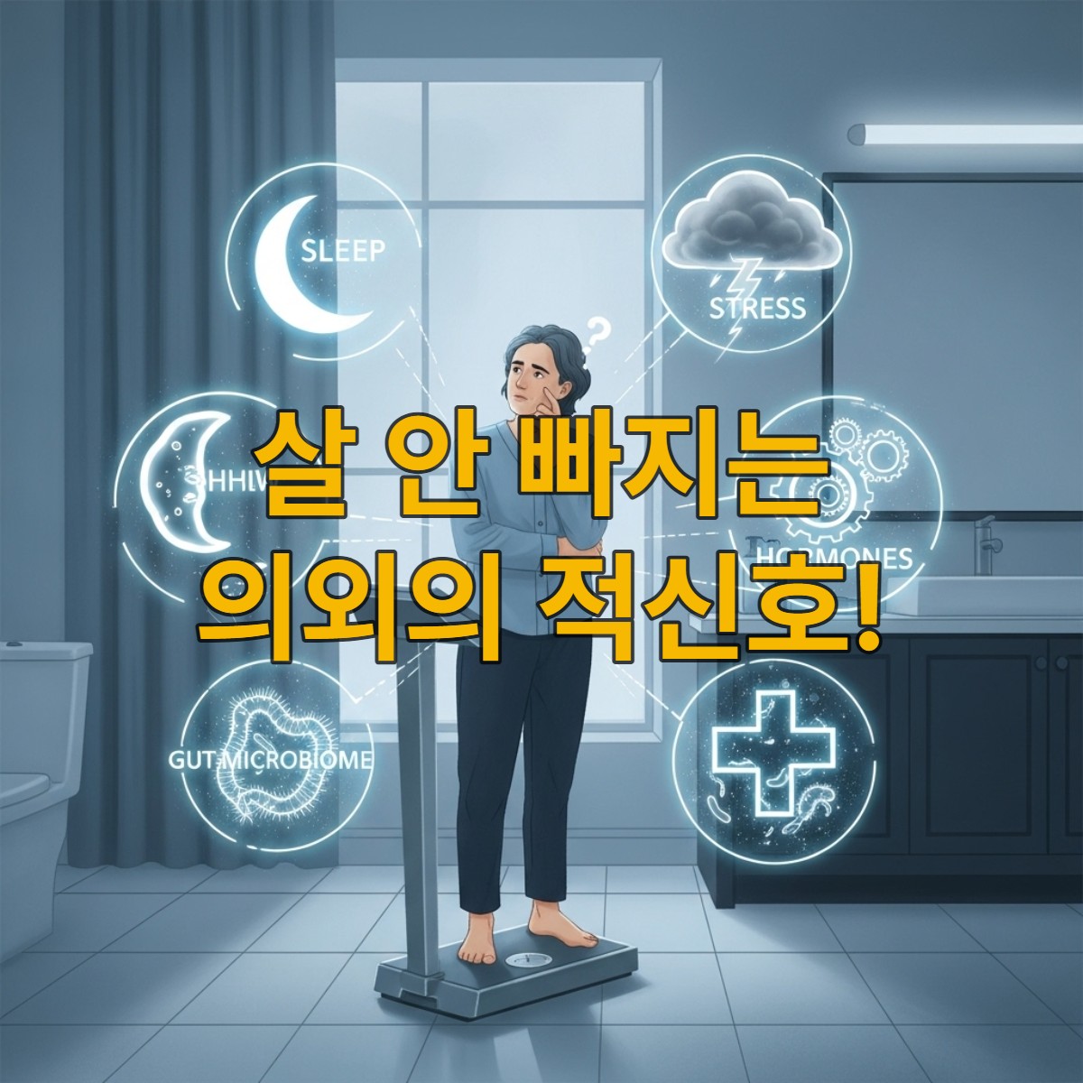 체중계 위에서 고뇌하는 사람 주위에 수면, 스트레스, 호르몬, 장 건강, 질환을 상징하는 요소들이 빛나며 둘러싸고 있는 모습. 다이어트 실패 원인을 시각적으로 표현한 이미지.
