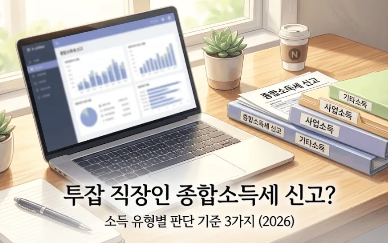 투잡 직장인 종합소득세 신고: 상아색과 샴페인 펄 색상의 정돈된 책상 위에 놓인 노트북과 세무 서류를 그린 일러스트입니다. 하단에는 '투잡 직장인 종합소득세 신고? 소득 유형별 판단 기준 3가지 (2026)'라는 제목이 적혀 있습니다. N잡러와 부업 직장인들이 5월 종소세 신고 대상인지 사업소득, 기타소득, 금융 및 임대소득을 기준으로 확인하는 방법을 안내하는 블로그 대표 이미지입니다.