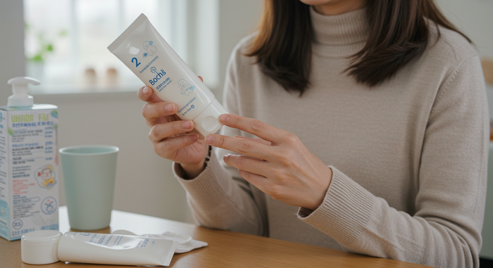 아빠가 아기 볼에 보습제 바르는 장면