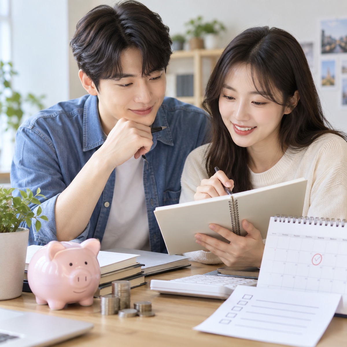 돼지저금통과 계산기를 두고 청년 자산 계획을 세우는 모습