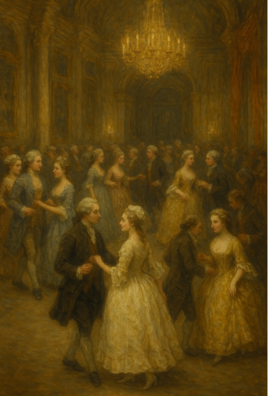 18세기 후반 유럽의 상류층에서 열린 무도회 이미지입니다.