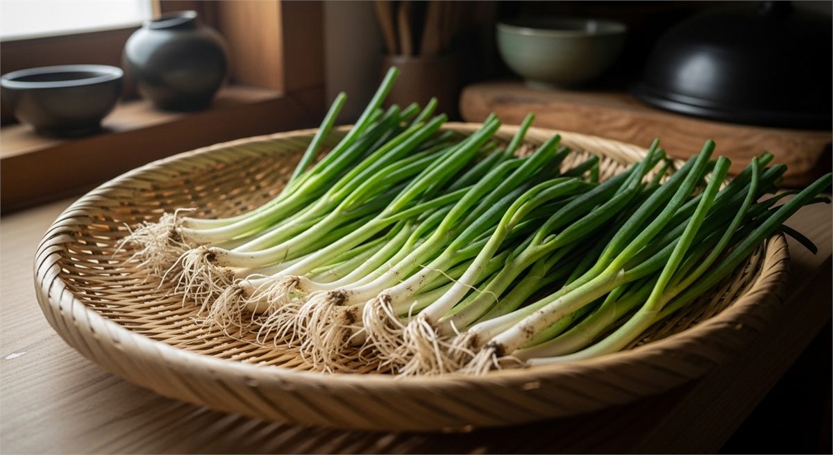 집에서 키운 쪽파를 수확해 바구니에 담아 둔 한국형 주방 장면 