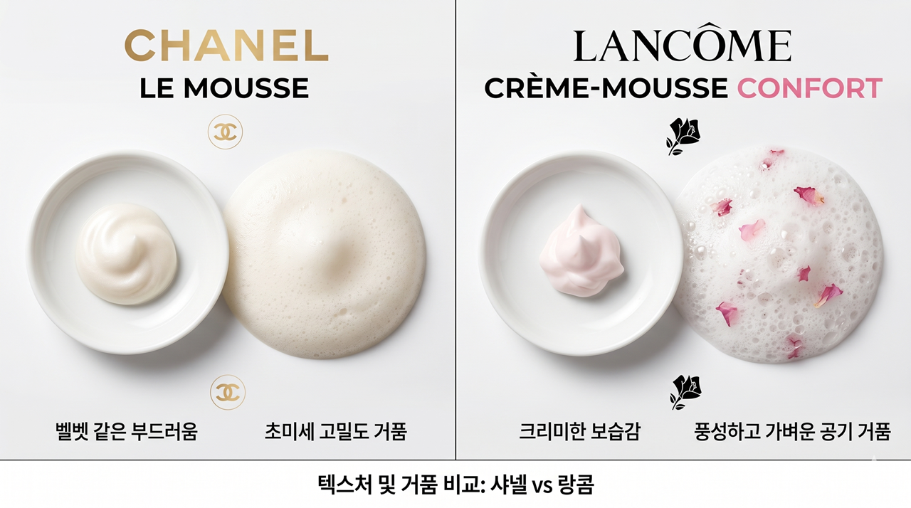 랑콤과 샤넬의 텍스처 및 거품 비교(Cleansing foam rich lather comparison)