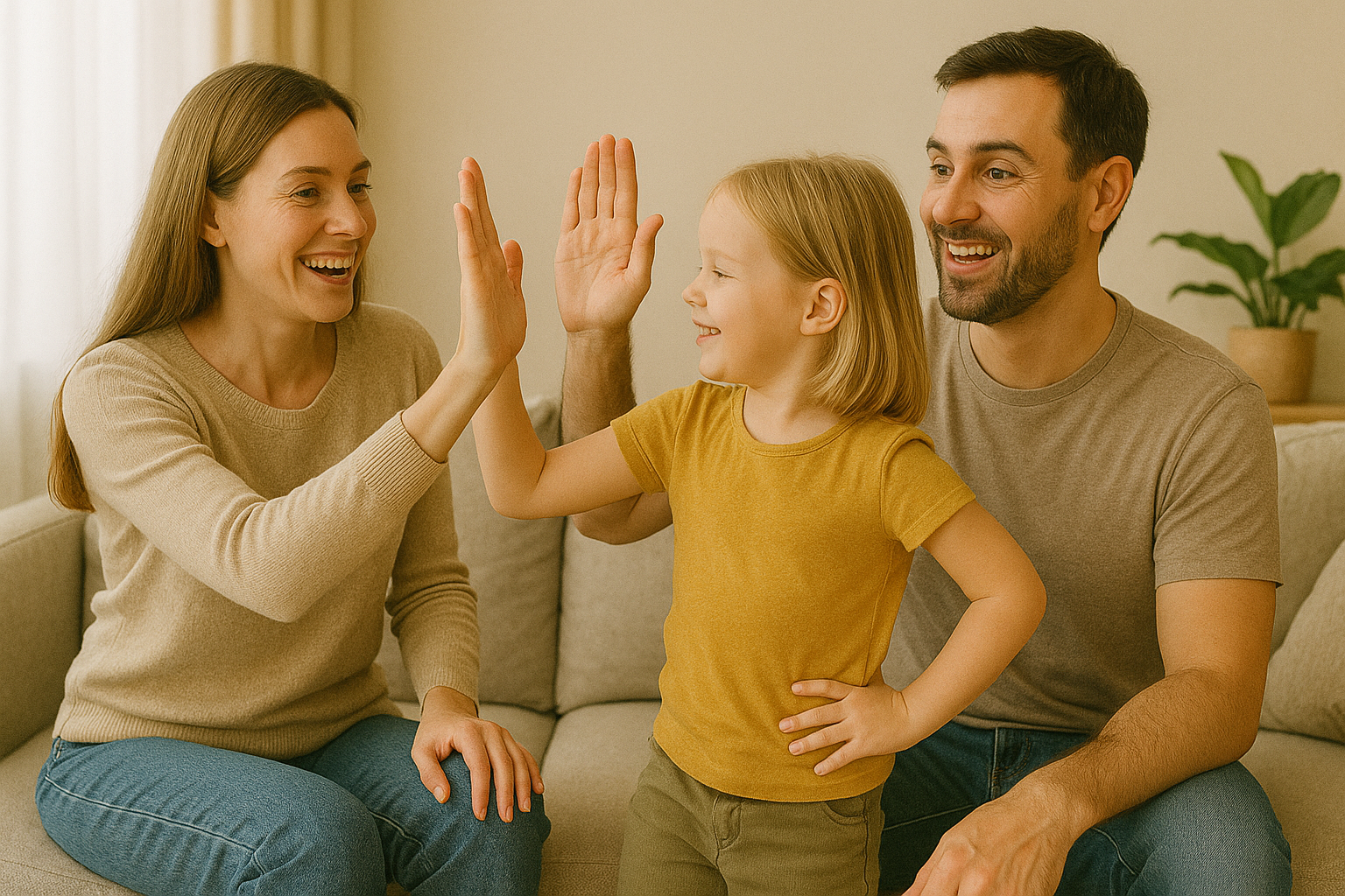 엄마 아빠 아이 셋이서 하이파이브하며 즐거워하는 사진