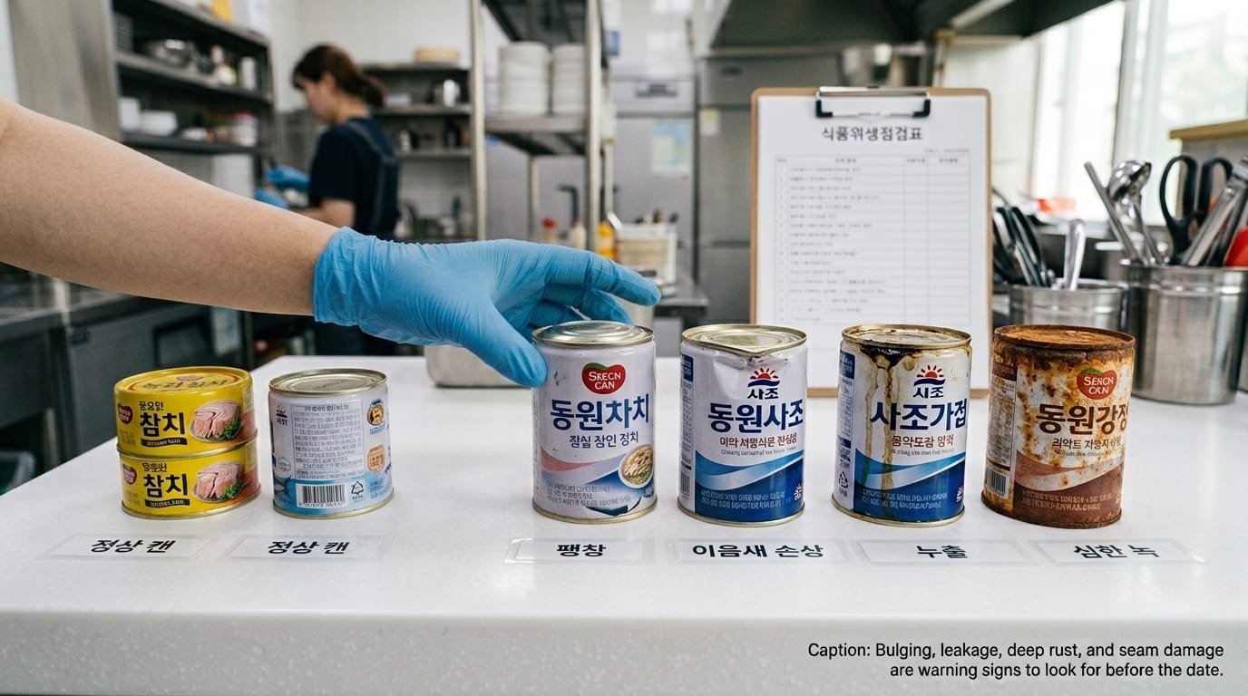 통조림의 부풀음 누액 녹 이음새 손상 상태를 비교하는 이미지